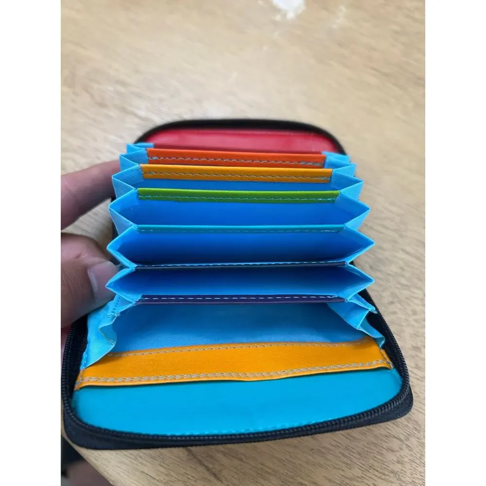 Mywalit Black Leather Accordion Card Holder Wallet Multicolor Rainbow Zip